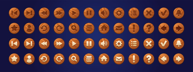 Wooden web buttons, round icons for game interface. Vector cartoon set of brown ui elements with wood texture. Circle buttons with signs isolated on background