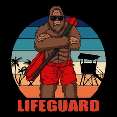 Wall Mural - Bigfoot Lifeguard on the beach vector illustration