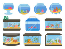 Cartoon Empty Glass Aquarium Tanks With Decorations, Sand And Plants. Square And Sphere Fish Bowls And Container. Home Aquariums Vector Set