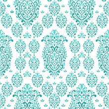 White And Turquoise Seamless Pattern With Floral Mandala Ornament. Traditional Arabic, Indian Motifs. Great For Fabric And Textile, Wallpaper, Packaging Or Any Desired Idea.