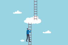 Progress To Next Level, Career Development Or Business Improvement Reaching Better Quality, Growth Or Growing Concept, Ambitious Businessman Climbing Up Ladder To Cloud Level To Reach Next Level.