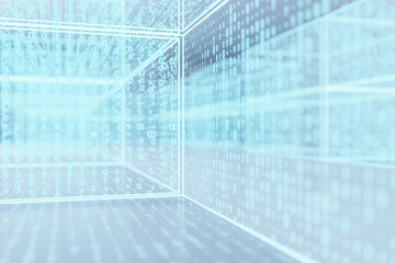 Abstract glowing cyber binary code room. Technology and matrix concept. 3D Rendering.