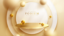 Luxury Background With Product Display Podium And 3d Gold Ball Element And Blur Effect Decoration And Glitter Light And Bokeh.
