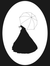 Woman Black Silhouette In Classic Dress In Oval Frame. Drawn Noble Lady In Long Gown Isolated On White, Vector Eps 10