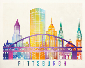 Wall Mural - Pittsburgh landmarks watercolor poster