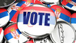 © GoodIdeas - Serbia and Vote - dozens of pinback buttons with a flag of Serbia and a word Vote. 3d render symbolizing upcoming Vote in this country., 3d illustration
