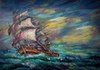 Art painting oil color sailboat , barque lucky , auspicious , fortune