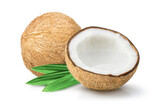 Fototapeta Sport - Brown coconut with coconut juice isolated on white background.