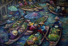Hand Drawn Art Painting Oil Color Floating Market , Rural Life , Rural Thailand