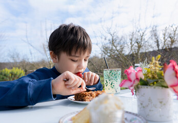 Hungry young boy eating flapjack for dessert,Kid having organic vegan homemade oatmeal bars with cranberries and seeds,Child having snack and relaxing in the garden on sunny day spring or Summer