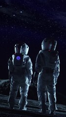 Wall Mural - two astronauts in space suits standing on the alien planet look at dark sky. space travel, habitable
