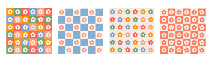 Fototapete - Trendy set seamless patterns with  geometric shaped flowers and checkerboard. Colorful vector background in retro style 60s, 70s.	