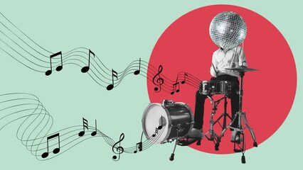 Wall Mural - Contemporary art collage, modern design. Retro style. Stylish performer playing drums on pastel color background. 4k. Stop motion and 2D animation