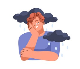 Sad depressed person crying. Depression and mental disorder, psychology concept. Unhappy man with rain and clouds. Gloomy mood and despair. Flat vector illustration isolated on white background