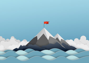 Business concept. Goal achievement, success, winning. Flag on the mountain peak. Vector illustration