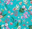 Bright trendy watercolor pattern print wallpaper seamless decor textile fabric in a marine theme with corals, shells, fish, tropical flowers, orchids, coconut and leaves on a turquoise background.