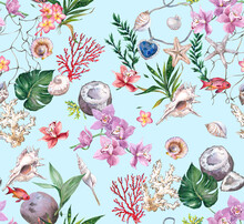 Bright Trendy Watercolor Pattern Print Wallpaper Seamless Decor Textile Fabric In A Marine Theme With Corals, Shells, Fish, Tropical Flowers, Orchids, Coconut And Leaves On A Light Blue Background.