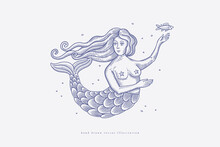Hand-drawn Mermaid Woman In Engraving Style. The Sea Siren Is A Medieval Mythical Creature Symbol Of The Sea. Fantasy Character For Card Design, Logo, Label, Tattoo. Vintage Illustration.