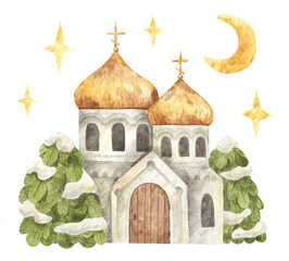 Christmas watercolor illustration of Russian orthodox church. Hand-drawn winter cathedral
