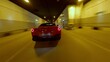 Speed flight follow movement FPV drone aerial view dark tunnel with fast driving red sport car. Dangerous riding automobile vehicle blurred lights urban travel transportation underground highway