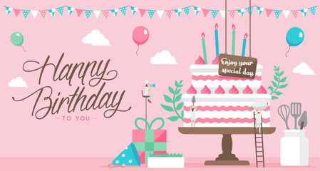 Happy birthday ( birthday cake motif ) vector banner illustration