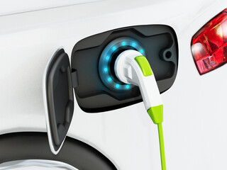 Wall Mural - Electric car plugged to charging station. 3D illustration