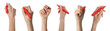 © New Africa - Collage with photos of woman holding red markers on white background, closeup