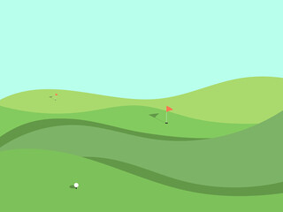 Wall Mural - Golf field. Wavy green meadow in a minimalist style. Golf course with holes and red flags. Landscape with green fields. Design for advertising products and posters. Vector illustration