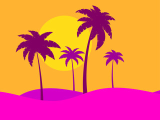 Wall Mural - landscape with palm trees at sunrise in a minimalist style. silhouettes of palm trees on the hills. 