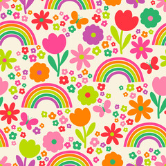 Wall Mural - Colorful cute floral, rainbow, and butterfly seamless pattern background.