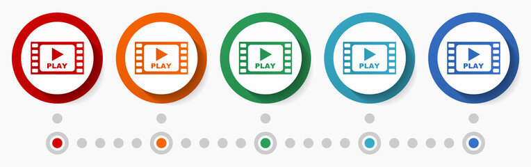 Poster - Play video, cinema concept vector icon set, flat design colorful buttons, infographic template in 5 color options