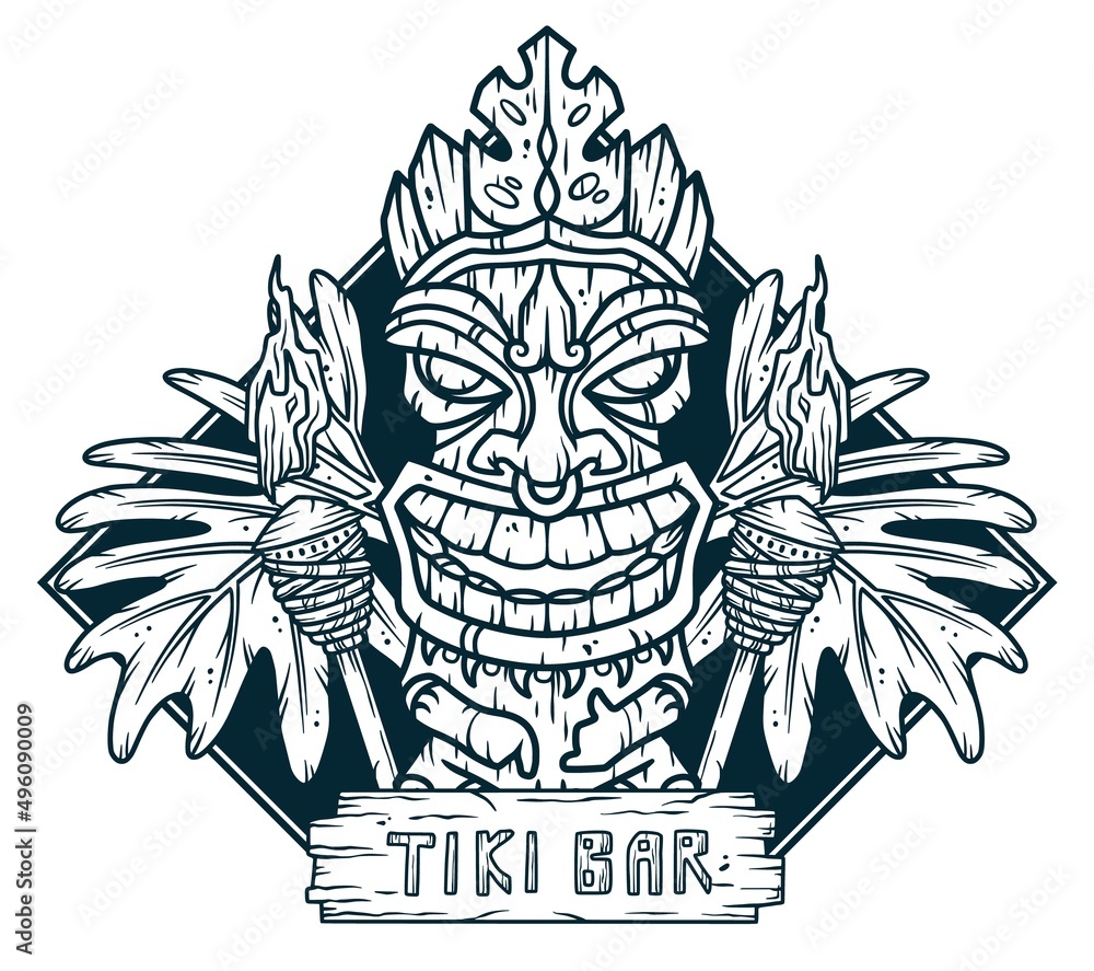 Vetor do Stock Surfing tiki mask hawaii wooden tiki mask for trendy bar.  Traditional ethnic idol and hawaiian surf, maori or polynesian. Design old  tribal totem | Adobe Stock, image size:1000x887