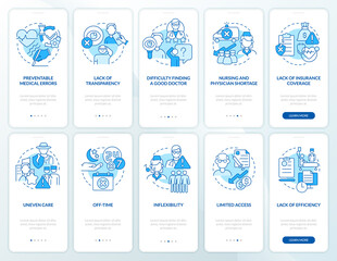 Wall Mural - problems with healthcare system blue onboarding mobile app screen set. walkthrough 5 steps graphic i