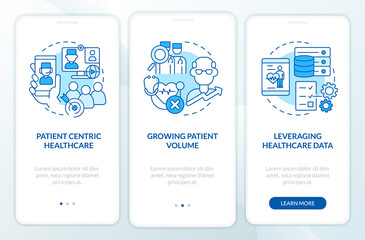 Wall Mural - challenges for healthcare workers blue onboarding mobile app screen. walkthrough 3 steps graphic ins