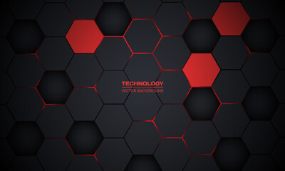 Leinwandbilder - Red and dark gray hexagonal technology abstract vector background. Red bright energy flashes under hexagon in futuristic modern technology background vector illustration. Black honeycomb texture grid.