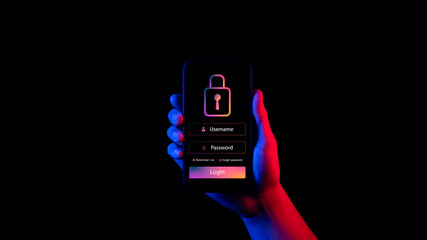 Wall Mural - cybersecurity and privacy concept to protect data, .padlock icon. login and password, digital mobile