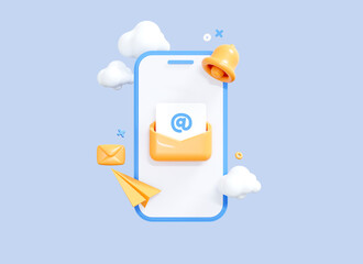 Subscribe to newsletter. 3D cartoon mobile phone with letter in envelope on smartphone screen. Email marketing concept. Mail notification. Online social network. Web Business Banner. 3D Rendering