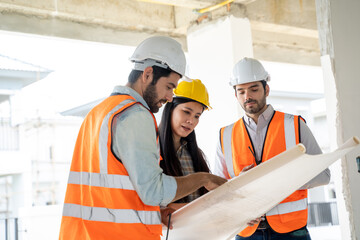 Aufkleber - Engineer and architect discussing building plan at construction site,Group of builders having conversation about building plan,business,building,industry,people concept.