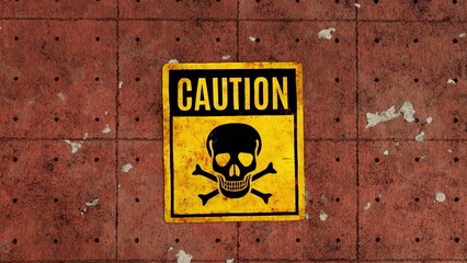 Wall Mural - Caution skull and bones yellow metal sign on an old red concrete pealing wall