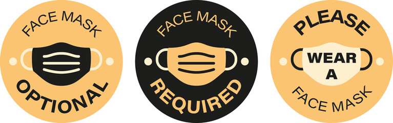 Face mask vector symbols. Face mask optional. Face mask required. Please wear a face mask. Isolated on white background