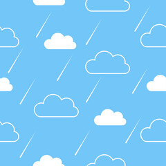 Wall Mural - Seamless pattern background with white fluffy cartoon clouds and drops rain on light blue sky. Vector illustration for kids fabric or backdrop.