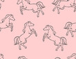 Digital linear textile fashion fabric tile silhouette seamless pattern with the image of an animal - a horse on a light pink background.