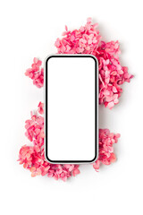 Wall Mural - smartphone mockup with pink flowers. device screen mockup on stylish background for presentation or 