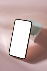Wall Mural - smartphone with blank black screen. mobile phone on cube podium. pedestal mockup space for display o