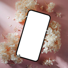 Wall Mural - smartphone mockup with white flowers on pink background. device screen mock up on stylish background