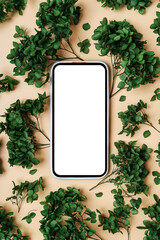 Wall Mural - smartphone mockup with green flowers. device screen mock up on stylish background for presentation o
