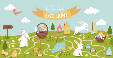 Wall Mural - Cute Easter Egg hunt design for children, hand drawn with cute bunnies, eggs and decorations - great for party invitations, banners, wallpapers - vector