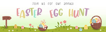 Cute Easter Egg Hunt Design For Children, Hand Drawn With Cute Bunnies, Eggs And Decorations - Great For Party Invitations, Banners, Wallpapers - Vector