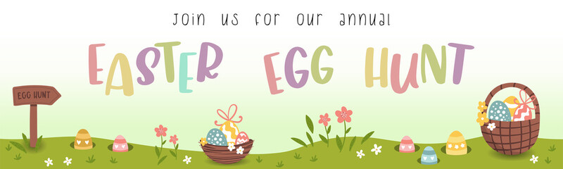 Cute Easter Egg hunt design for children, hand drawn with cute bunnies, eggs and decorations - great for party invitations, banners, wallpapers - vector