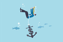 Sunk Cost Investment Problem, Cost That Already Been Incurred And Effect Investing Decision, Psychology Or Money Loss Aversion Concept, Businessman Investor Drowning With Sinking Dollar Money Anchor.